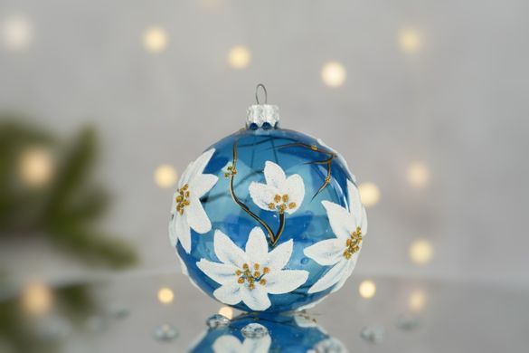 Christmas tree ball "White magnolia on blue"