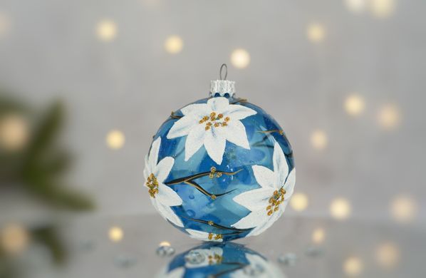 Christmas tree ball "White magnolia on blue"